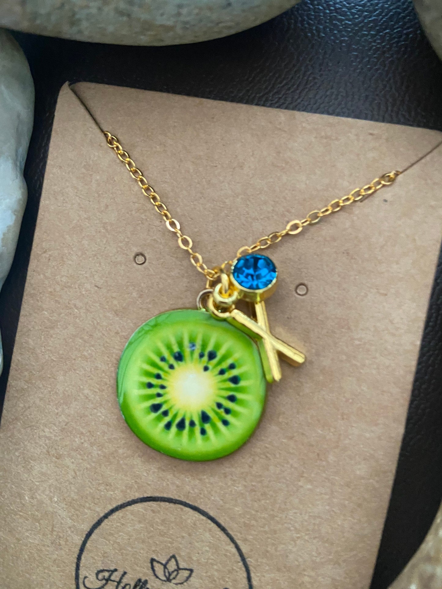 Kiwi Round Fruit Slice, Personalised Pendant Charm Necklace,  Alphabet Initials, Birthstone Charms, First Necklace, Unique Gift For Daughter