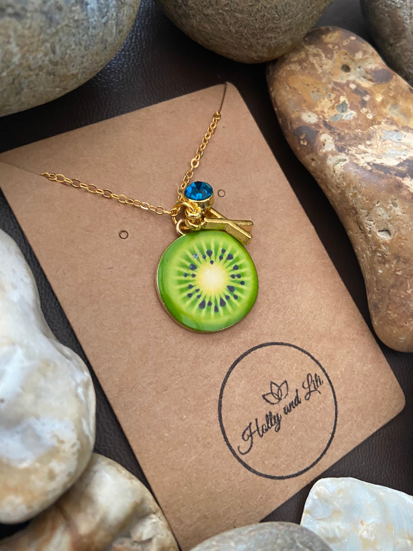 Kiwi Round Fruit Slice, Personalised Pendant Charm Necklace,  Alphabet Initials, Birthstone Charms, First Necklace, Unique Gift For Daughter