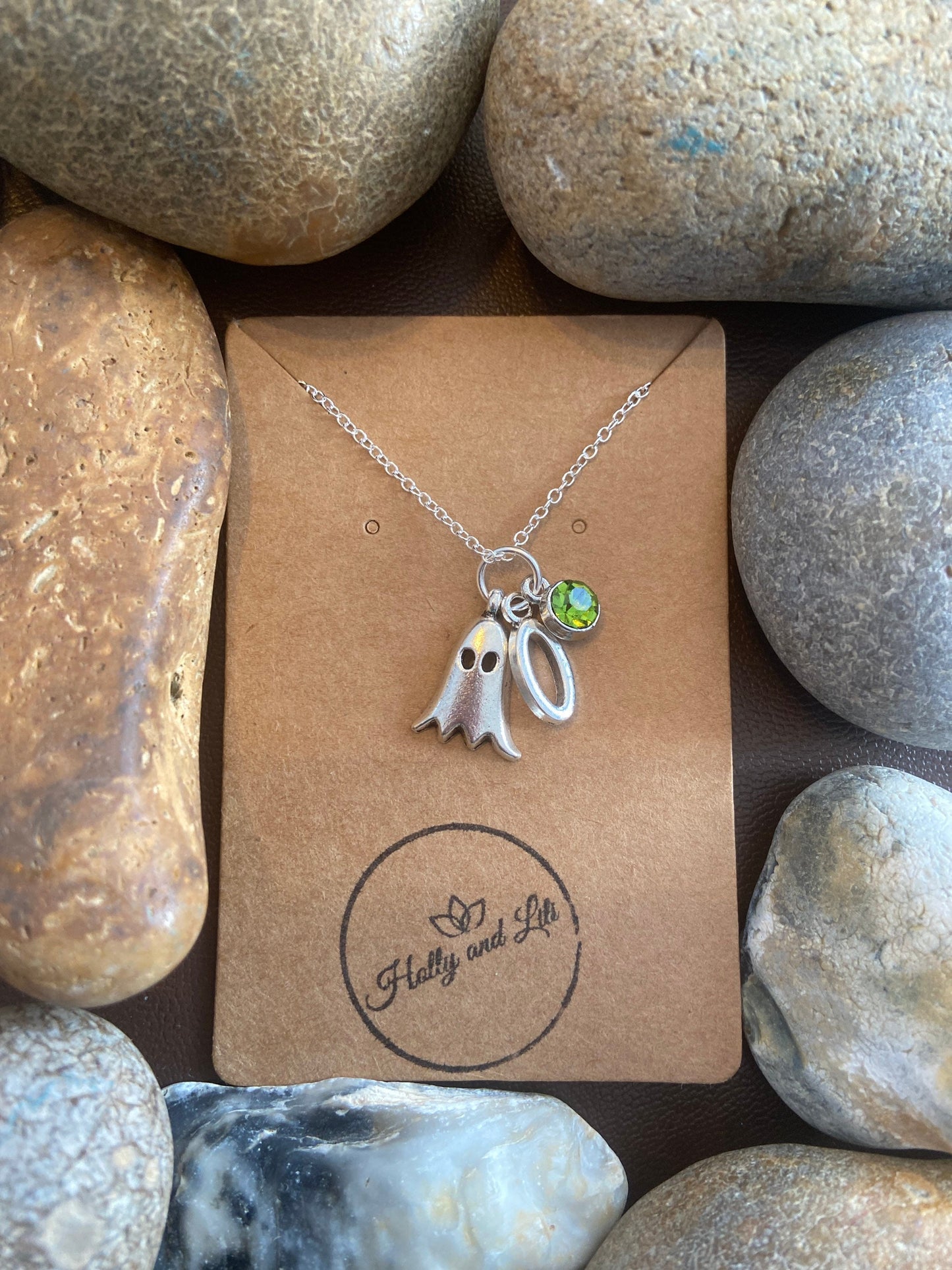 Ghost Personalised Pendant Charm Necklace, Alphabet Initials,  Birthstone Charm, Ghosts Necklace, Spooky Gifts, Ghostly Necklace Gift For