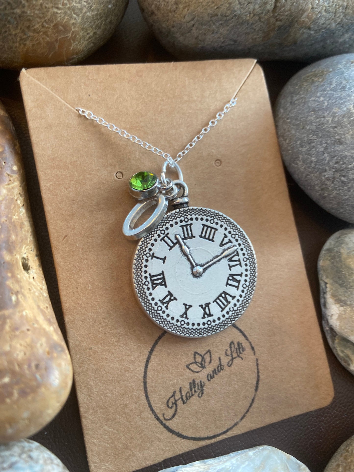 Clock Personalised Pendant Charm Necklace, Alphabet Initials,  Birthstone Charm, Clocks Necklace, Time Gifts, Watch Necklace, Clocks Gifts