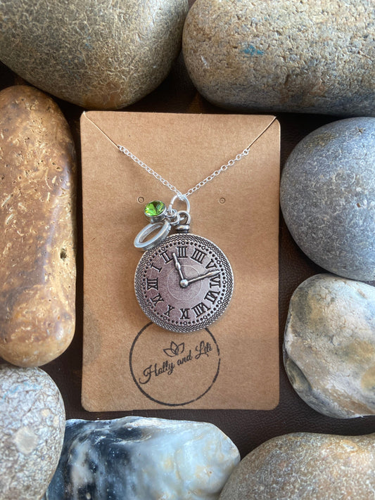 Clock Personalised Pendant Charm Necklace, Alphabet Initials,  Birthstone Charm, Clocks Necklace, Time Gifts, Watch Necklace, Clocks Gifts