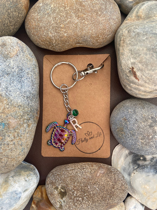 Turtle Style Personalised Keychain, Tortoise Keyring, Turtles Alphabet Initials, Birthstone Charm, Turtle Gifts, Turtles Zipper Chain