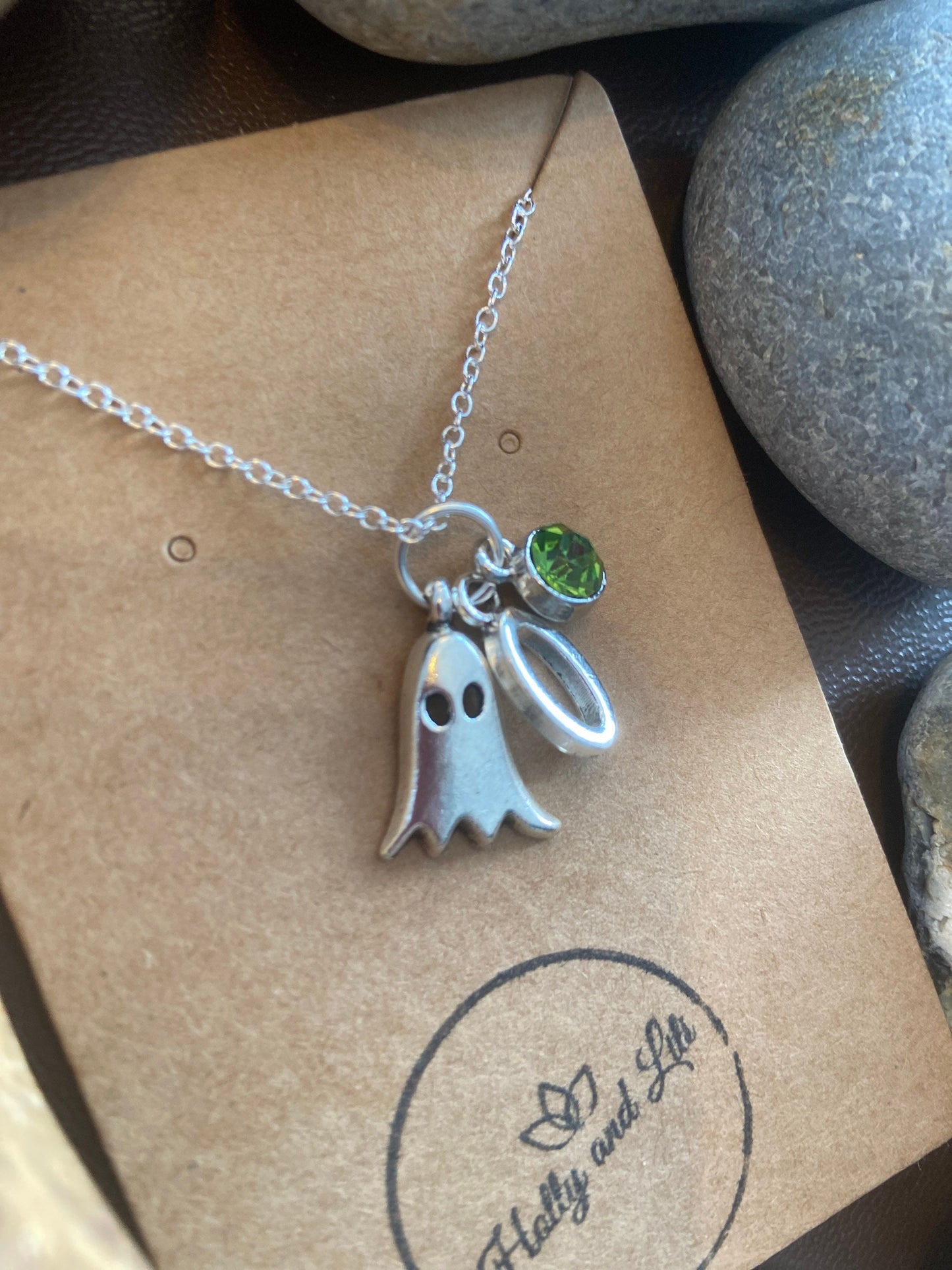 Ghost Personalised Pendant Charm Necklace, Alphabet Initials,  Birthstone Charm, Ghosts Necklace, Spooky Gifts, Ghostly Necklace Gift For