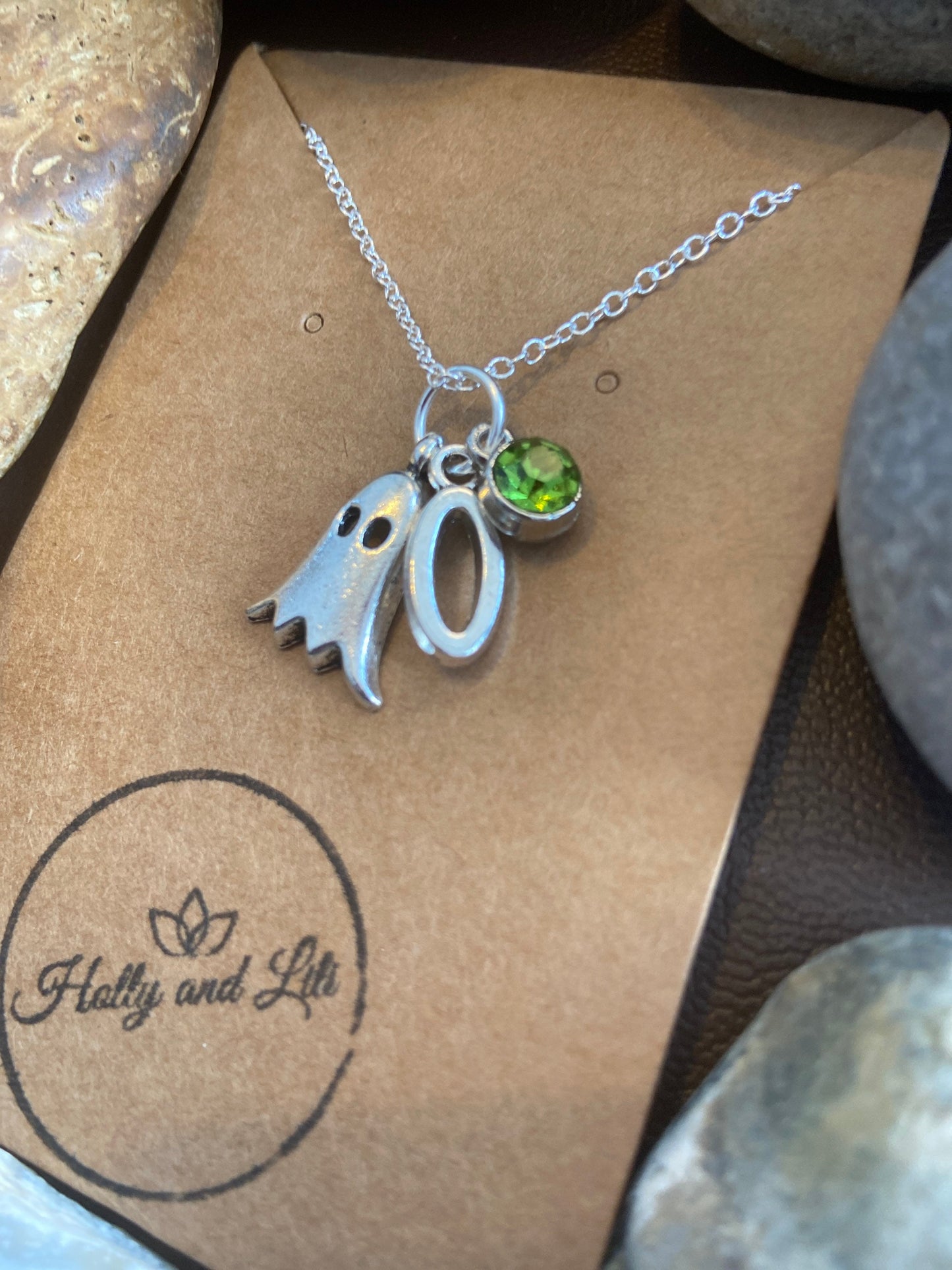 Ghost Personalised Pendant Charm Necklace, Alphabet Initials,  Birthstone Charm, Ghosts Necklace, Spooky Gifts, Ghostly Necklace Gift For