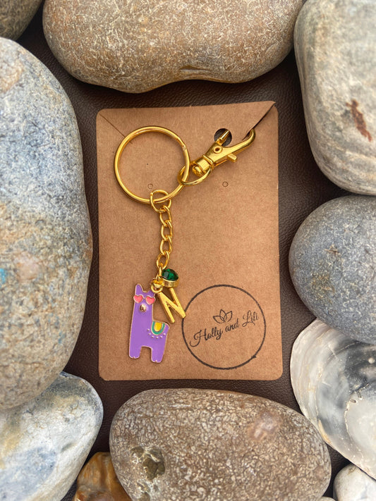 Llama Purple Style Personalised Keychain, Llamas Keyring, Llama Alphabet Initials, Birthstone Charm, Llama Gifts, Llama Zipper Chain