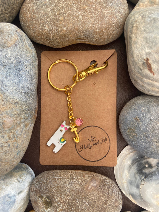 Llama White Style Personalised Keychain, Llamas Keyring, Llama Alphabet Initials, Birthstone Charm, Llama Gifts, Llama Zipper Chain