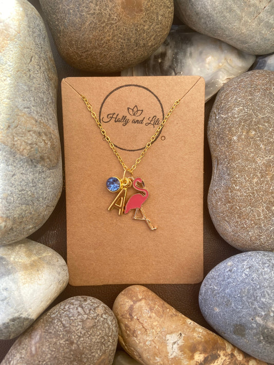 Flamingo Personalised Pendant Animal Charm Gold Necklace, Alphabet Initials,  Birthstone Charm, Flamingo Gift, Flamingo Necklace & Gift