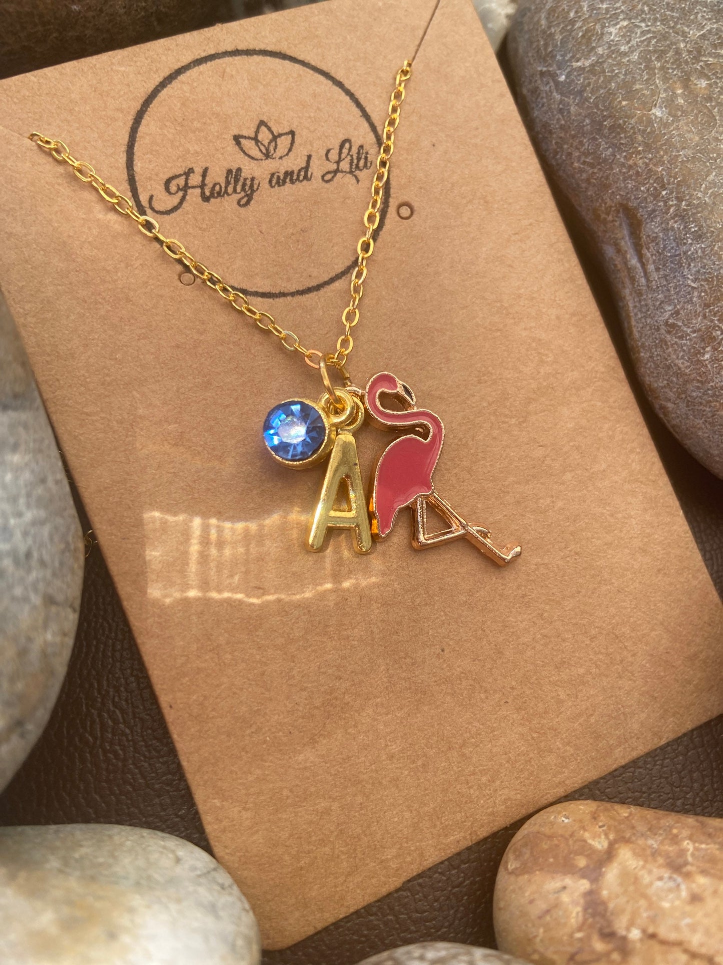 Flamingo Personalised Pendant Animal Charm Gold Necklace, Alphabet Initials,  Birthstone Charm, Flamingo Gift, Flamingo Necklace & Gift