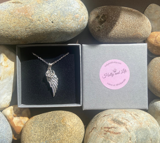 Angel Wing Rose Pendant Necklace, Zirconia, Angel Wing  Stirling Silver 925, Guardian Angel Necklace, Eternal Love, For Her, For Wife