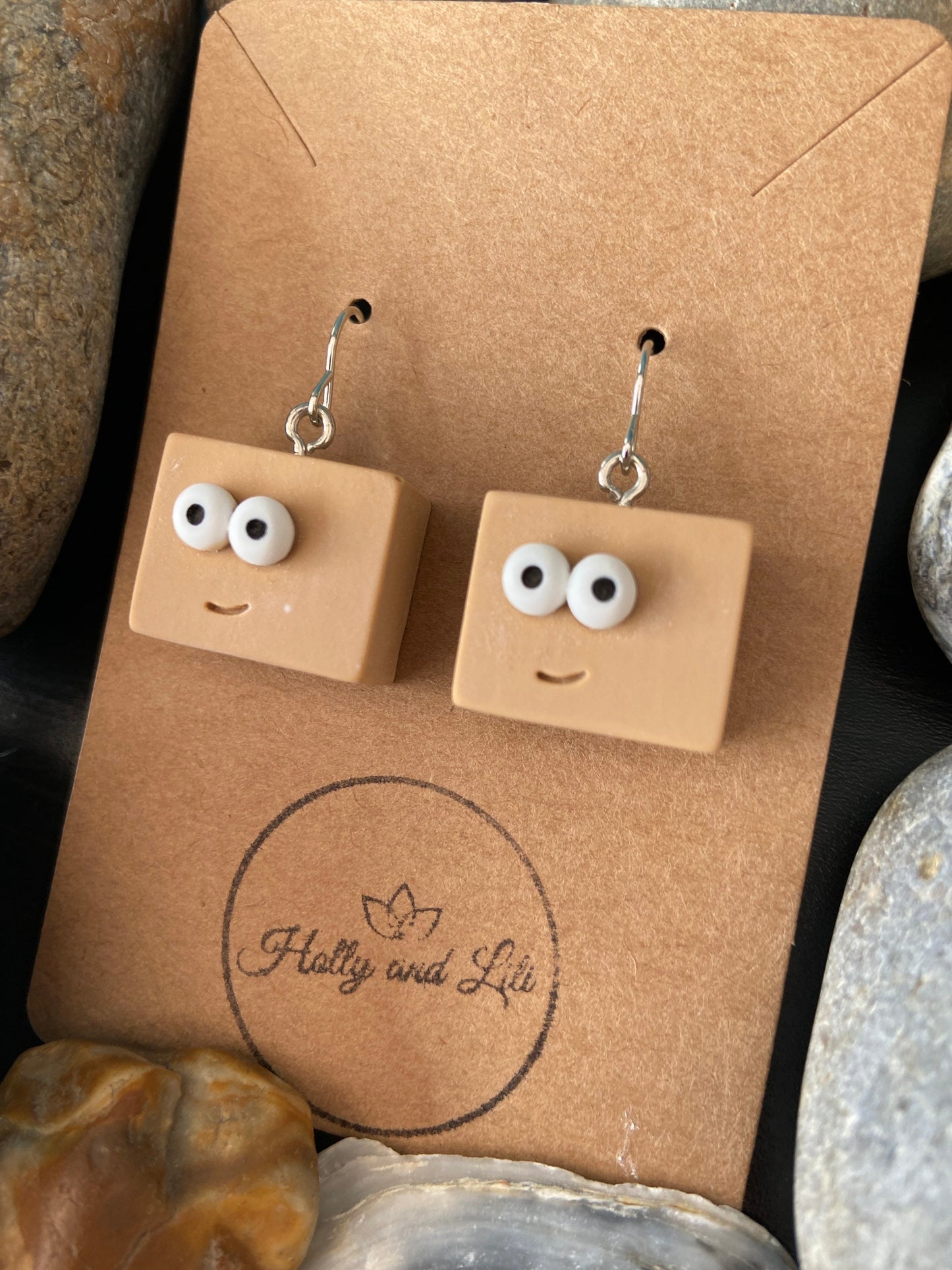 Box Earrings, Cardboard Box Hooks, Smiley Face Earrings, Novelty Earrings, Personalised Earrings