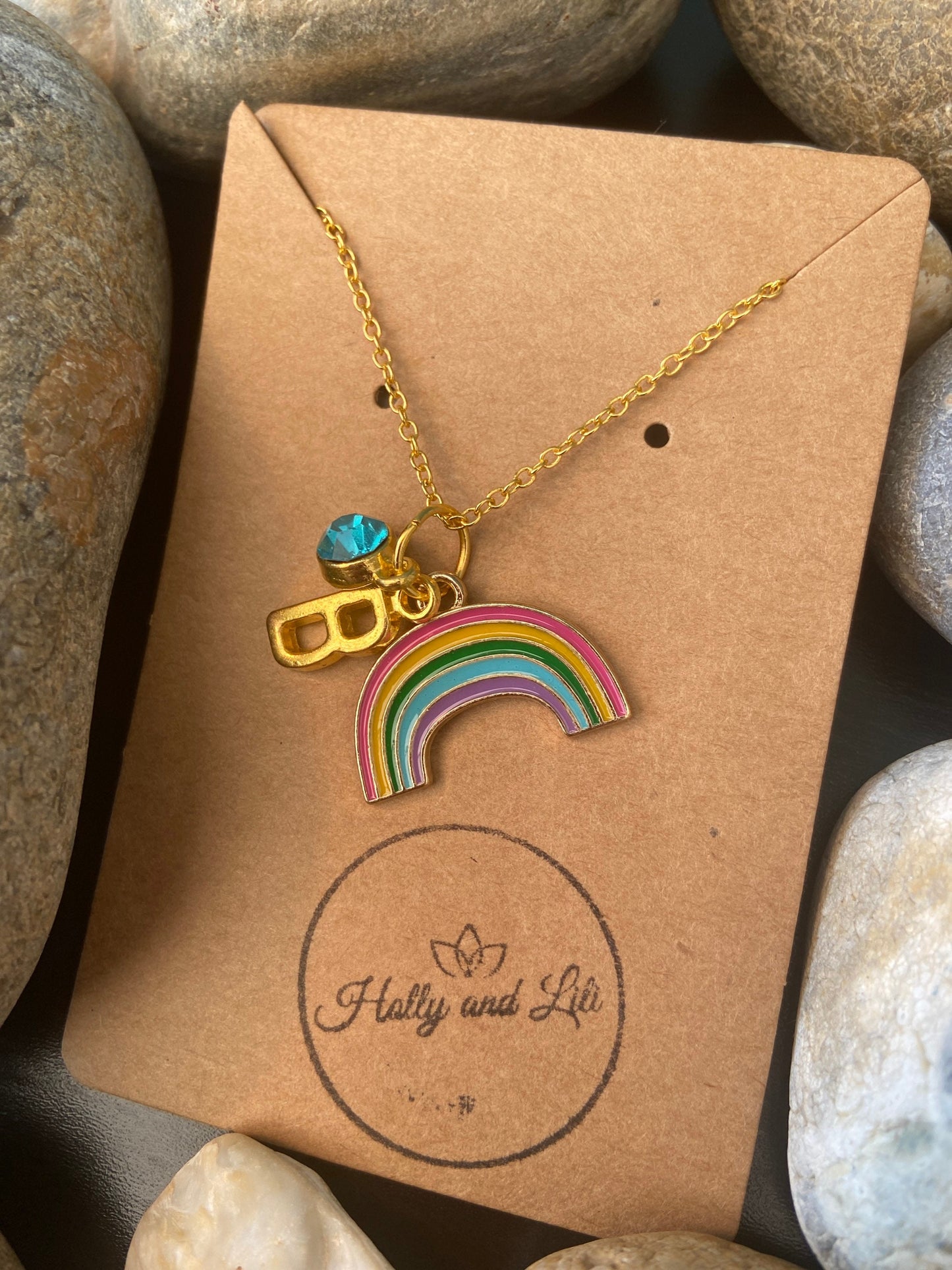 Rainbow Style Personalised Pendant Charm Gold Necklace, Alphabet Initials, Birthstone Charm, Rainbows Charm, Make A Wish Cute Unique Present