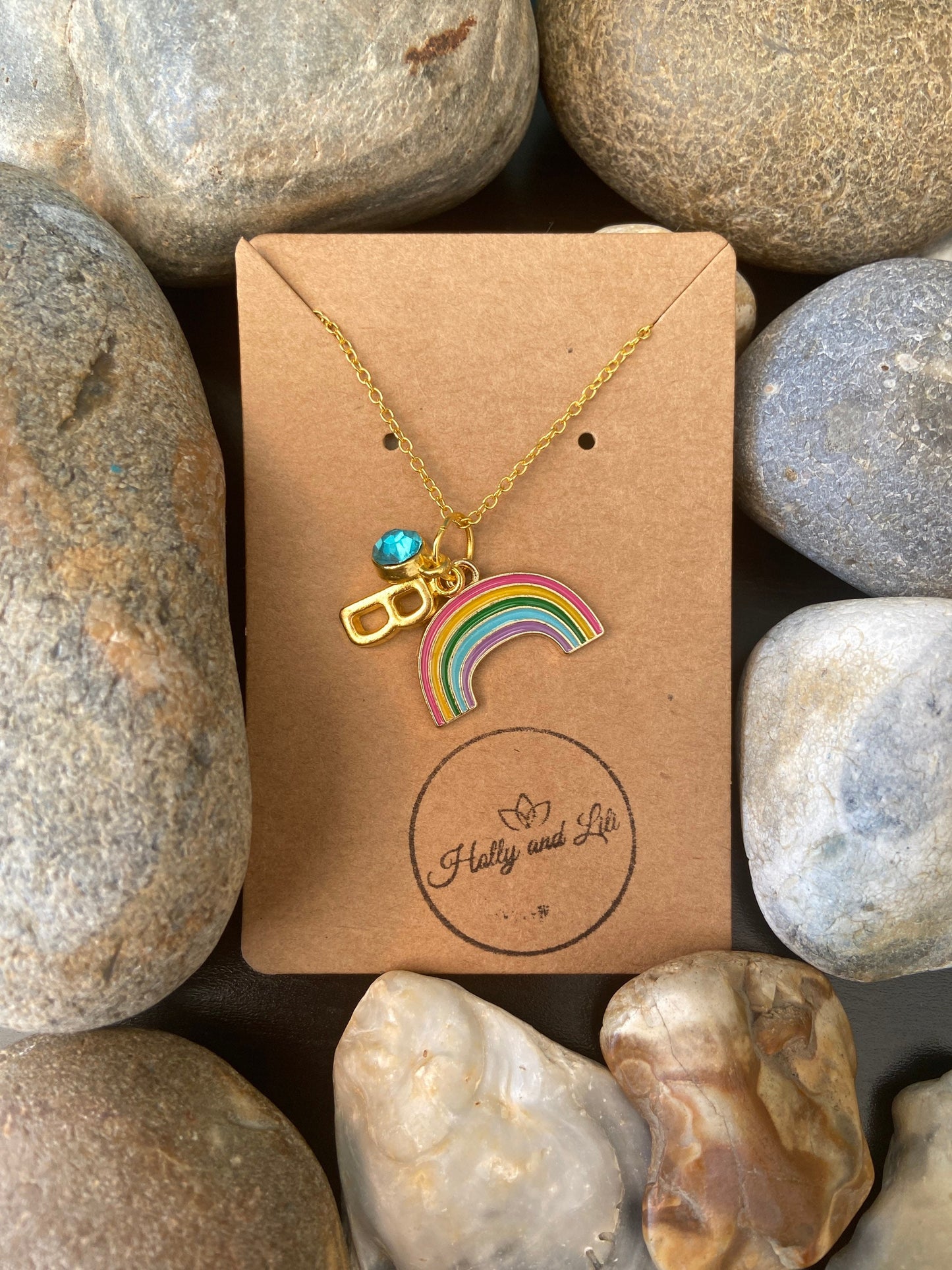 Rainbow Style Personalised Pendant Charm Gold Necklace, Alphabet Initials, Birthstone Charm, Rainbows Charm, Make A Wish Cute Unique Present