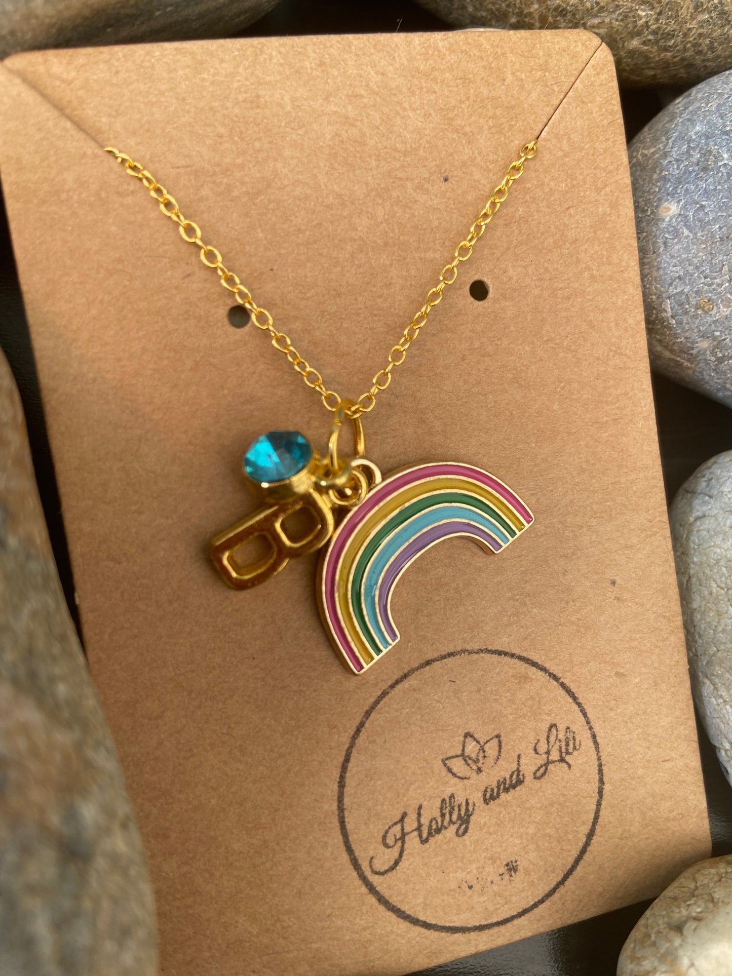 Rainbow Style Personalised Pendant Charm Gold Necklace, Alphabet Initials, Birthstone Charm, Rainbows Charm, Make A Wish Cute Unique Present