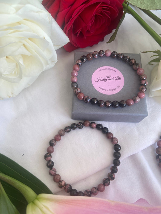 Rhodonite Crystal Gemstone Bracelet, Unconditional Love Crystal, Negative Barrier Gemstone, Self Love, Self Confidence Bracelet, Honesty