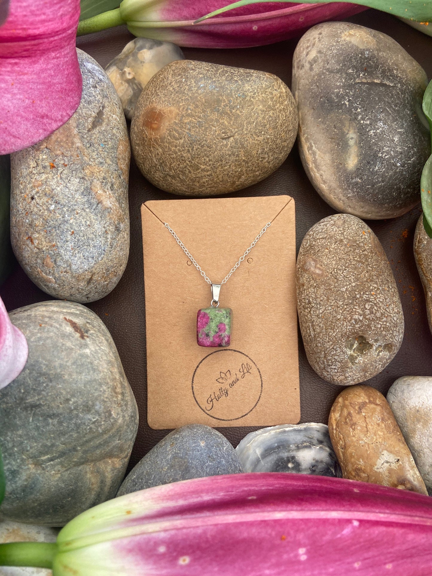 Ruby In Zoisite Agate Crystal Necklace, Alphabet Initial, Ruby Gemstone, Ruby Agate Necklace, Ruby In Zoisite Chain, Birthstone, Ruby Agate