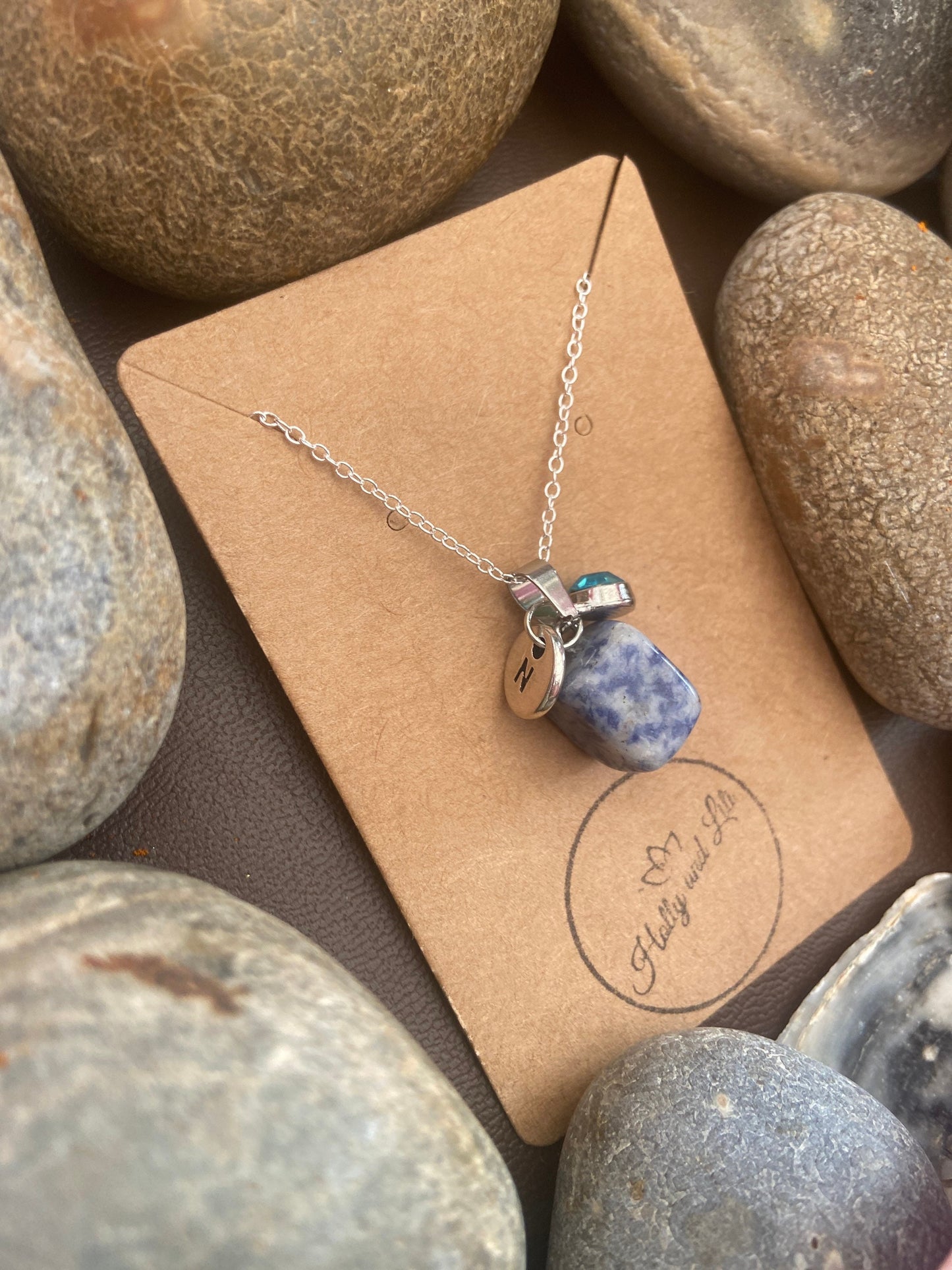 Blue Spot Agate Crystal Necklace, Alphabet Initial, Blue Spot Gemstone, Blue Spot Necklace, Blue Spot Chain, Birthstone Necklace