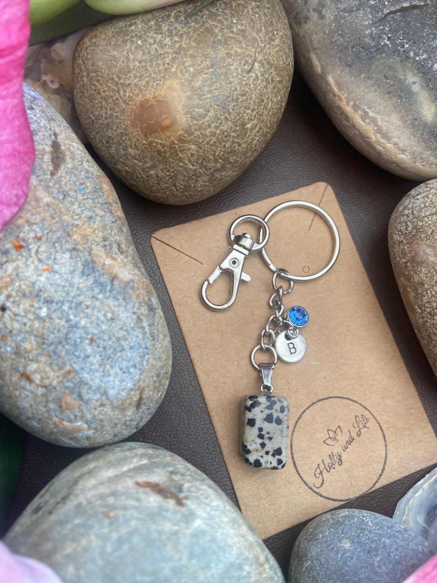 Dalmatian Jasper Crystal Keyring, Alphabet Initial, Jasper Gemstone, Dalmatian Jasper Keychain, Jasper Crystal Chain, Birthstone Keyring