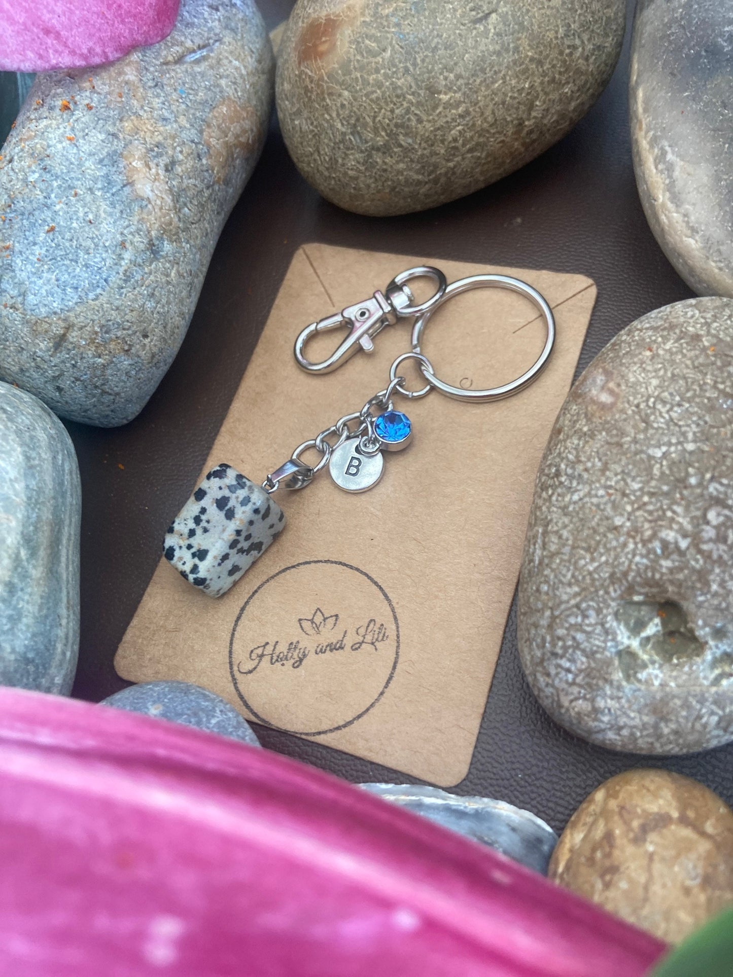 Dalmatian Jasper Crystal Keyring, Alphabet Initial, Jasper Gemstone, Dalmatian Jasper Keychain, Jasper Crystal Chain, Birthstone Keyring