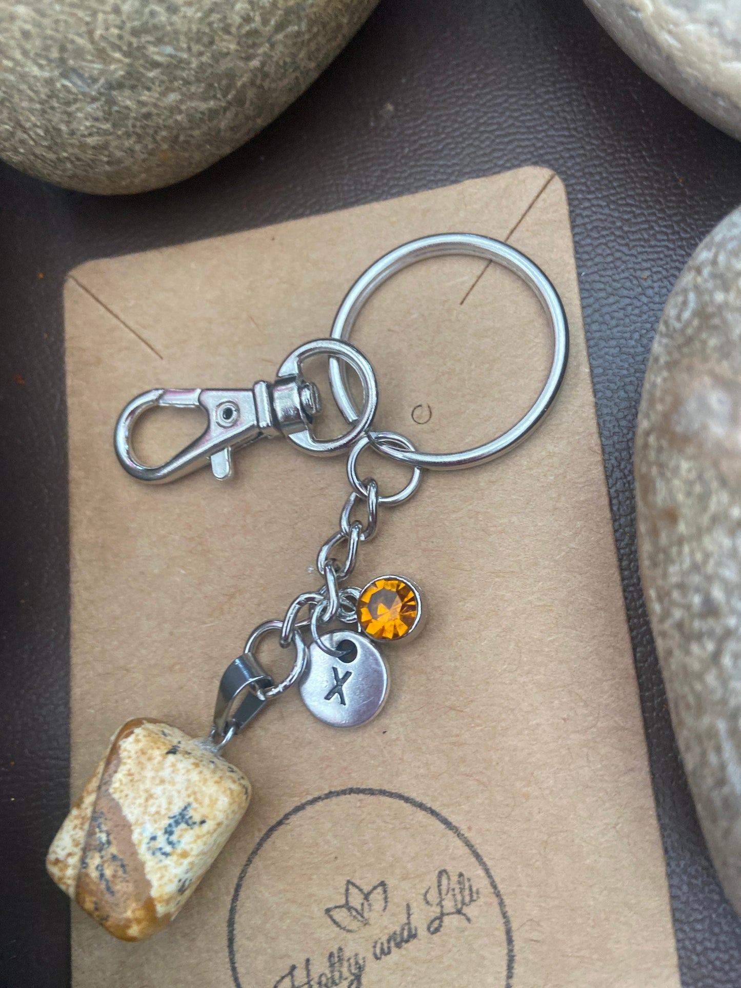 Picture Jasper Crystal Keyring, Alphabet Initial, Jasper Gemstone, Picture Jasper Keychain, Picture Jasper Chain, Birthstone Keyring  Gifts