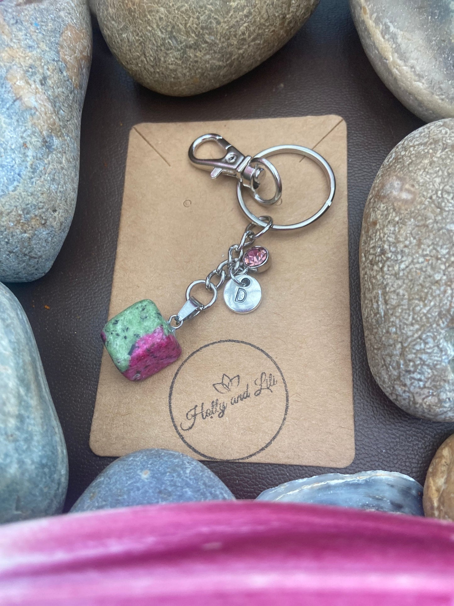 Ruby In Zoisite Crystal Keyring, Alphabet Initial, Ruby Gemstone, Ruby In Zoisite Keychain, Zoisite Chain, Birthstone Keyring Crystal Gifts