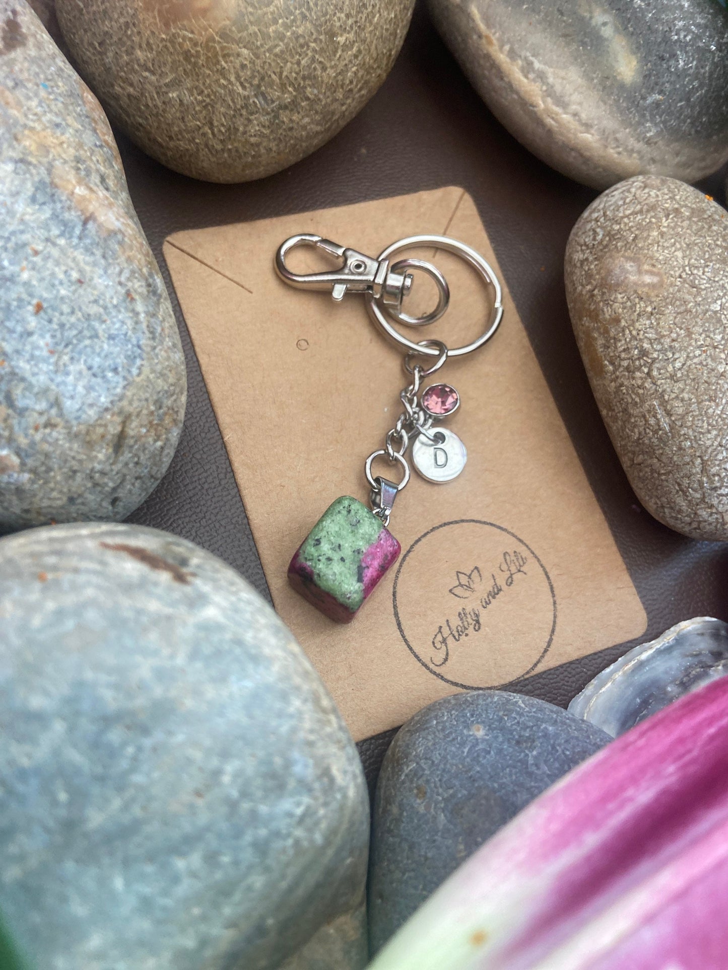 Ruby In Zoisite Crystal Keyring, Alphabet Initial, Ruby Gemstone, Ruby In Zoisite Keychain, Zoisite Chain, Birthstone Keyring Crystal Gifts