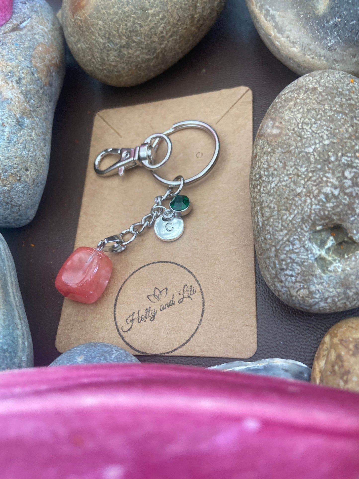 Strawberry Quartz Crystal Keyring, Alphabet Initial, Strawberry Quartz Gemstone, Quartz Keychain, Raw Quartz Chain, Birthstone Keyring Gifts