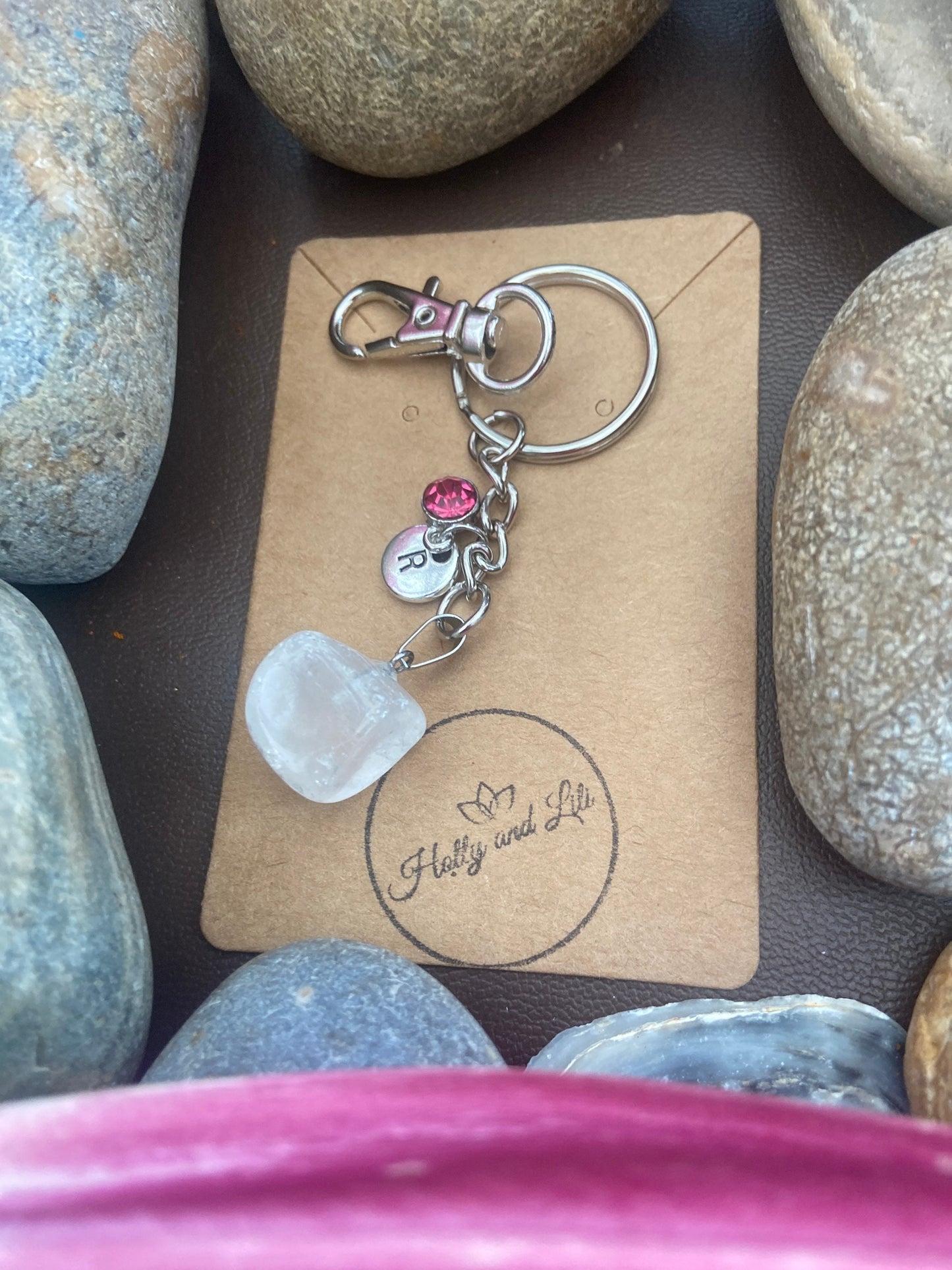 Clear Quartz Agate Crystal Keyring, Alphabet Initial, Clear Quartz Gemstone, Quartz Keychain, Clear Quartz Chain, Birthstone Keyring Gifts