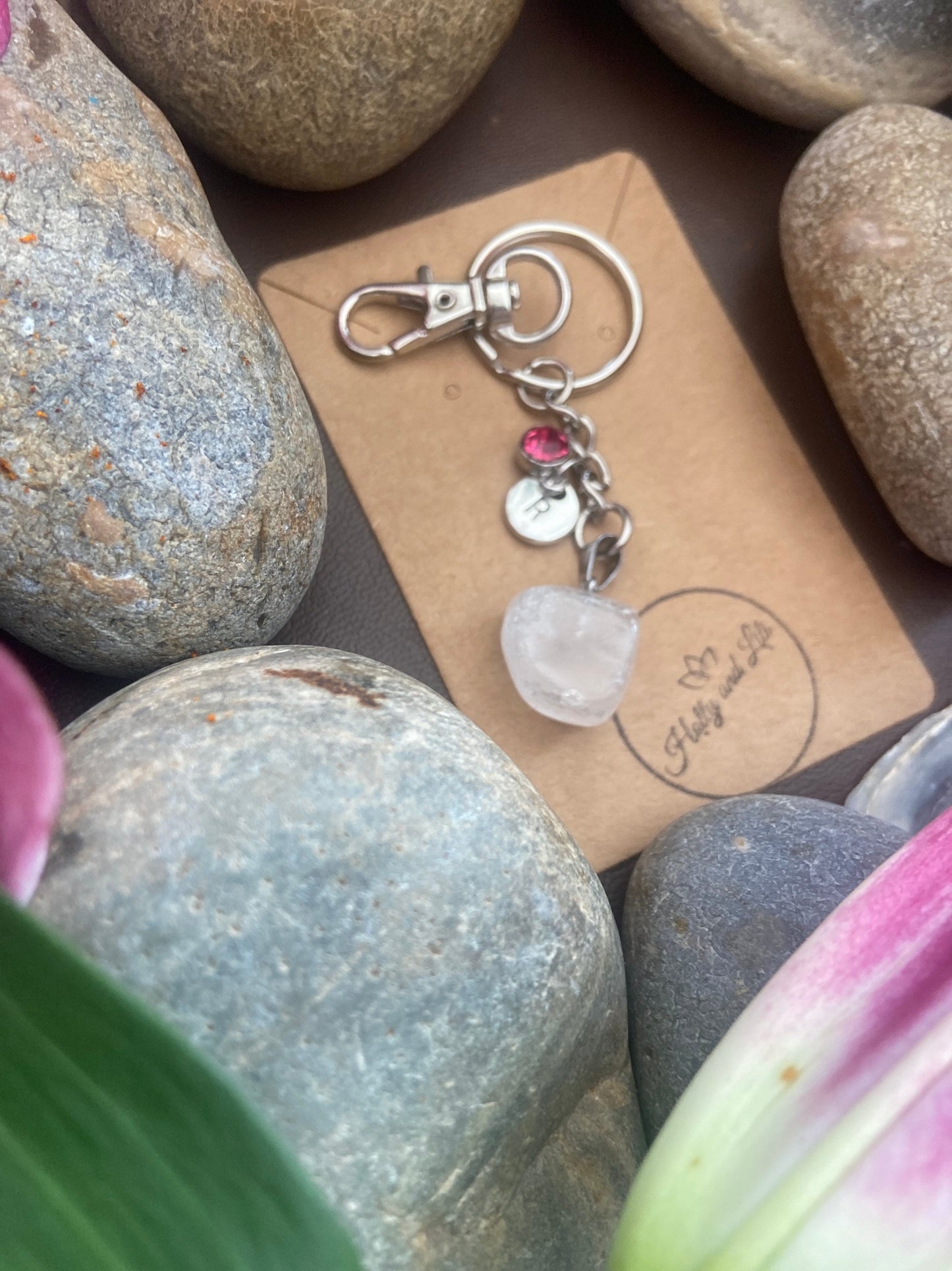 Clear Quartz Agate Crystal Keyring, Alphabet Initial, Clear Quartz Gemstone, Quartz Keychain, Clear Quartz Chain, Birthstone Keyring Gifts