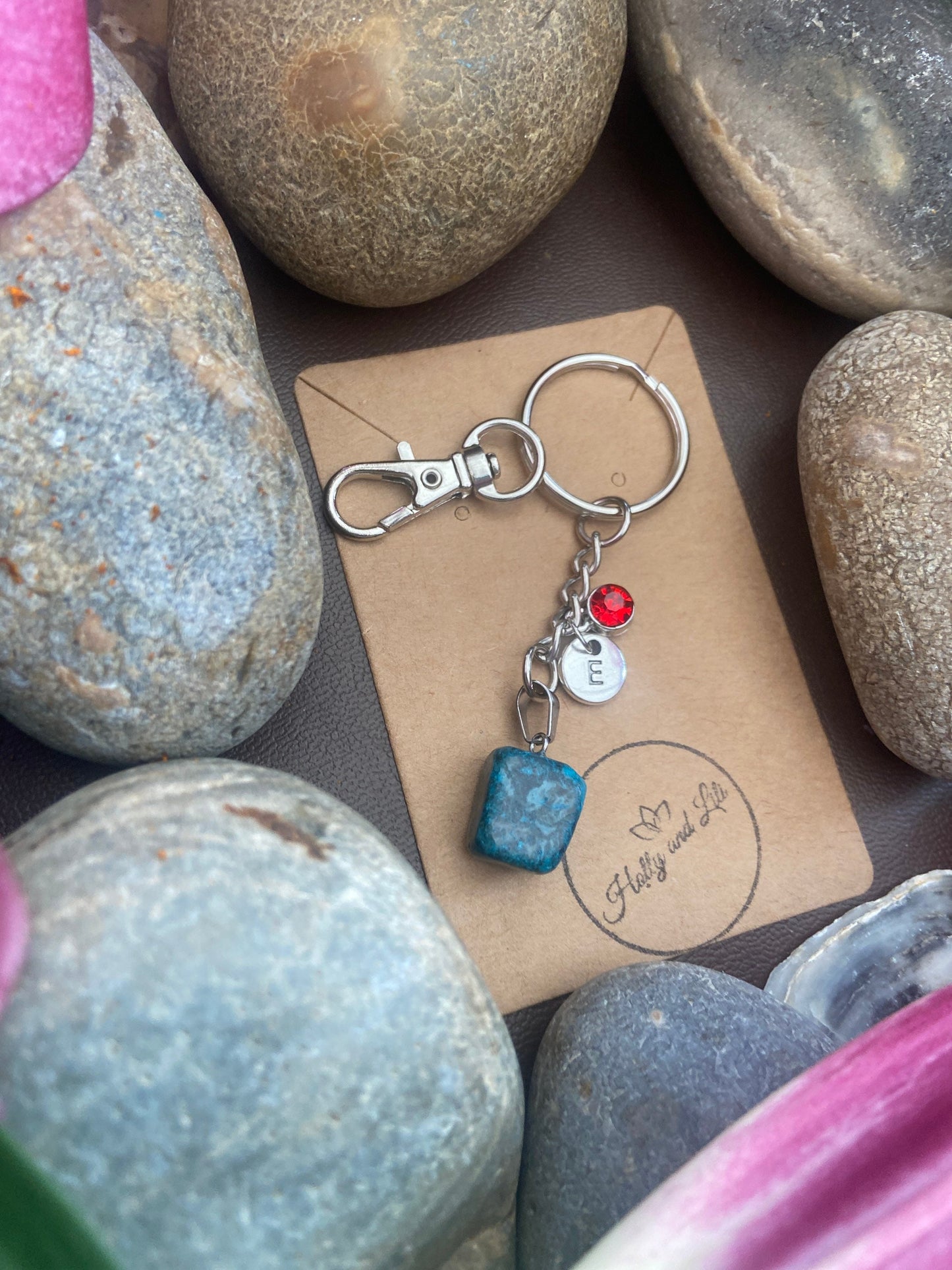 Blue Agate Crystal Keyring, Alphabet Initial, Blue Agate Gemstone, Agate Keychain, Blue Agate Chain, Birthstone Keyring Gifts, Raw Crystals