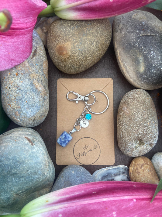 Blue Spot Agate Crystal Keyring, Alphabet Initial, Blue Spot Gemstone, Blue Spot Keychain, Blue Spot Chain, Birthstone Keyring Raw Crystals