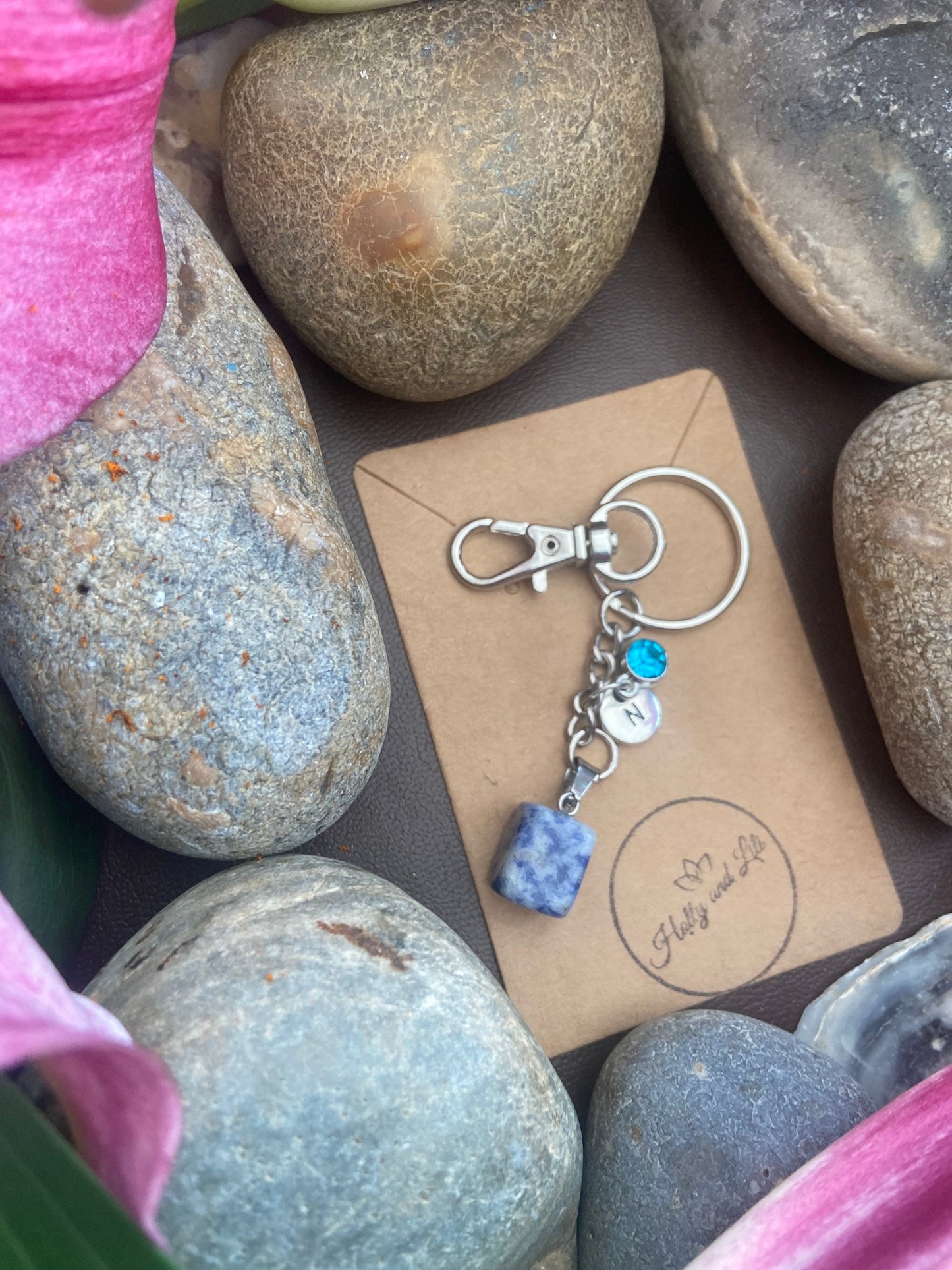 Blue Spot Agate Crystal Keyring, Alphabet Initial, Blue Spot Gemstone, Blue Spot Keychain, Blue Spot Chain, Birthstone Keyring Raw Crystals