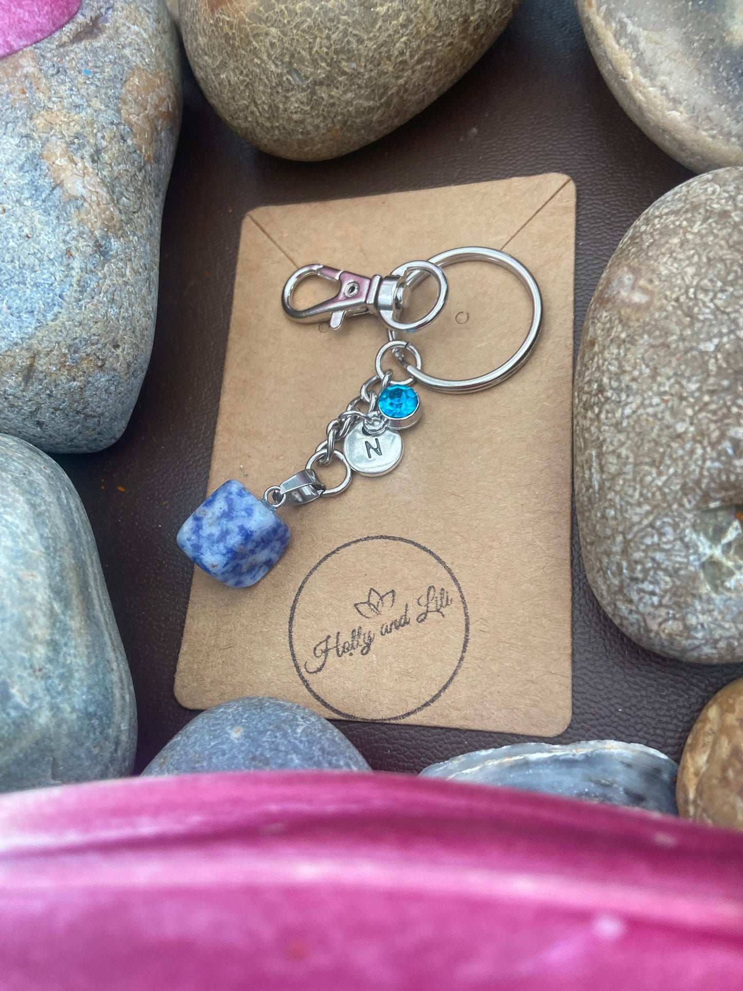 Blue Spot Agate Crystal Keyring, Alphabet Initial, Blue Spot Gemstone, Blue Spot Keychain, Blue Spot Chain, Birthstone Keyring Raw Crystals