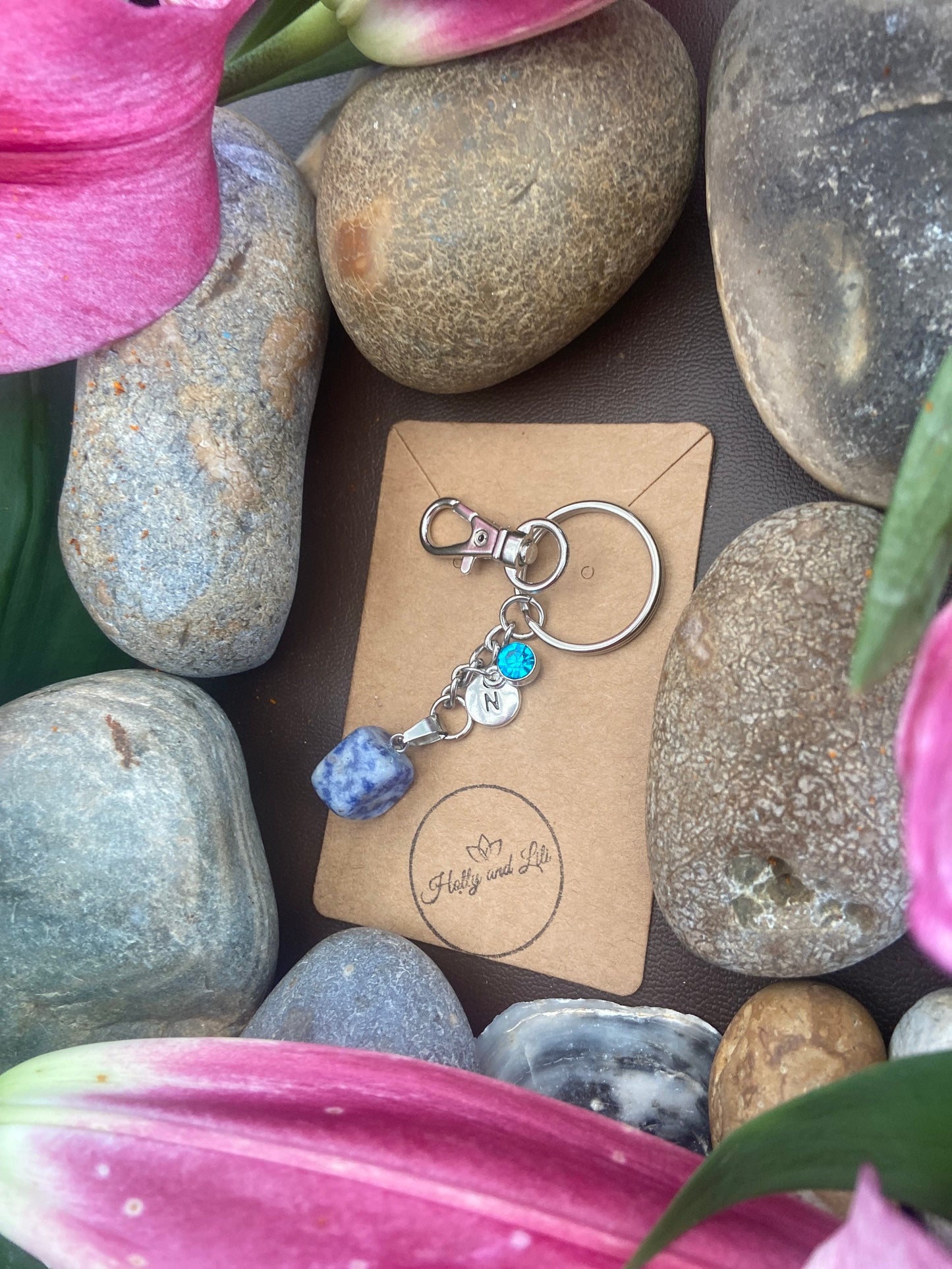 Blue Spot Agate Crystal Keyring, Alphabet Initial, Blue Spot Gemstone, Blue Spot Keychain, Blue Spot Chain, Birthstone Keyring Raw Crystals