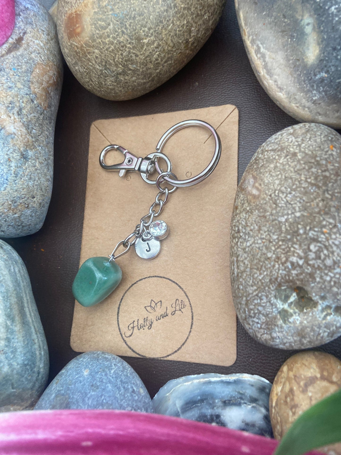 Aventurine Agate Crystal Keyring, Alphabet Initial, Aventurine Gemstone, Green Aventurine Keychain, Aventurine Chain, Birthstone Keyring