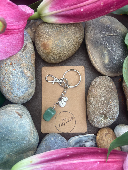 Aventurine Agate Crystal Keyring, Alphabet Initial, Aventurine Gemstone, Green Aventurine Keychain, Aventurine Chain, Birthstone Keyring