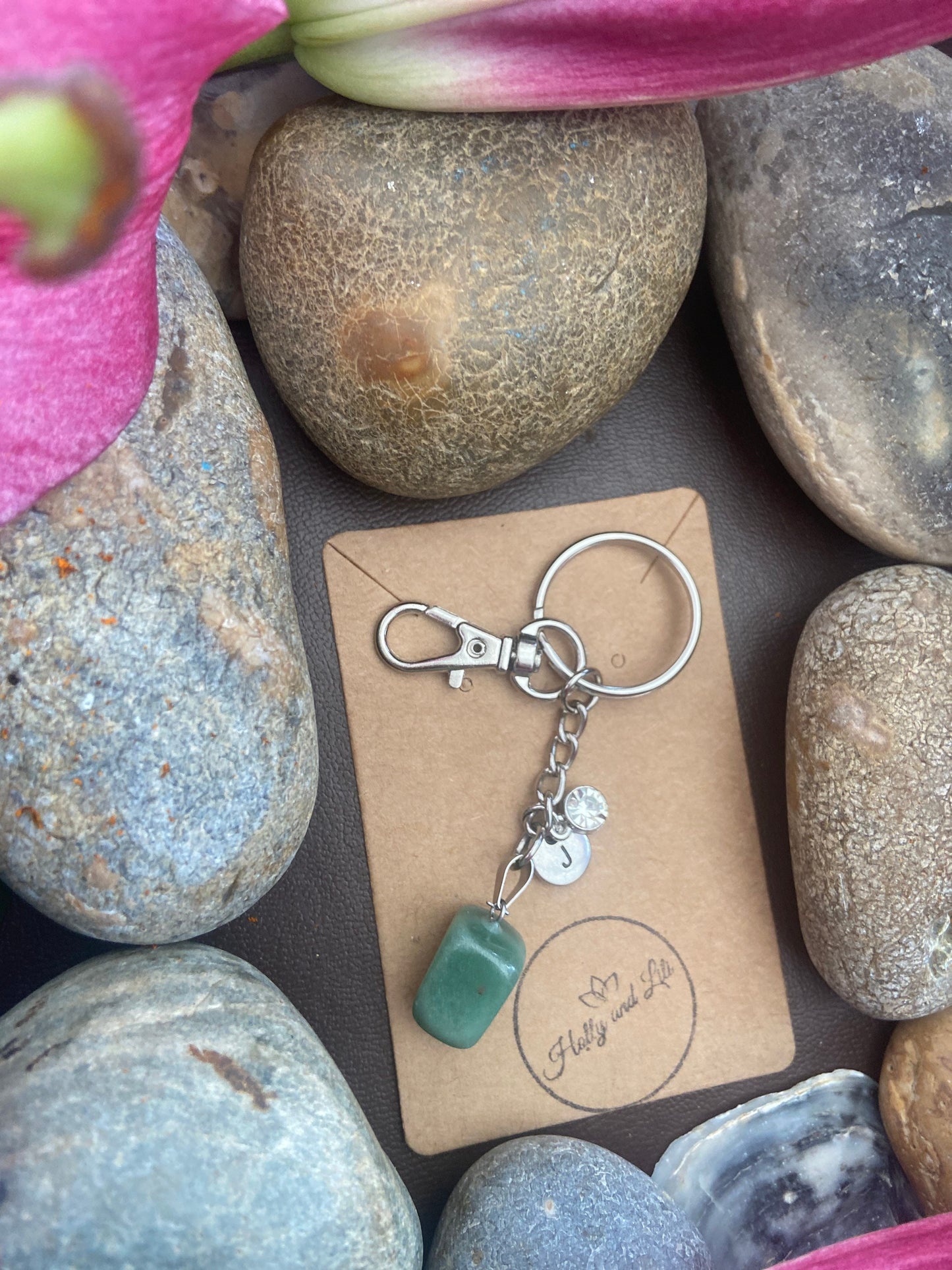 Aventurine Agate Crystal Keyring, Alphabet Initial, Aventurine Gemstone, Green Aventurine Keychain, Aventurine Chain, Birthstone Keyring