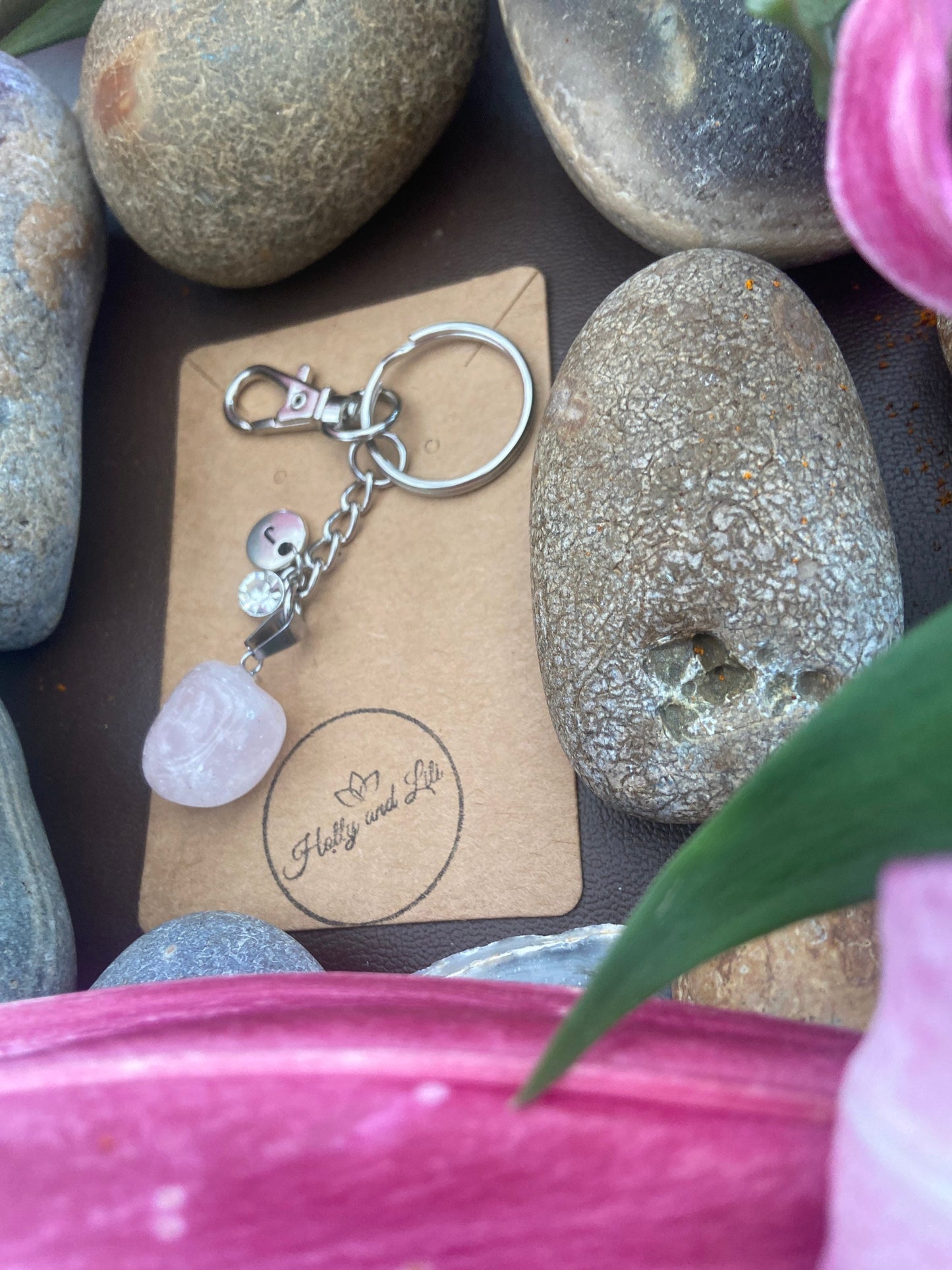 Rose Quartz Agate Crystal Keyring, Alphabet Initial, Rose Quartz Gemstone, Quartz Keychain, Rose Quartz Chain, Birthstone Keyring Gem Gifts