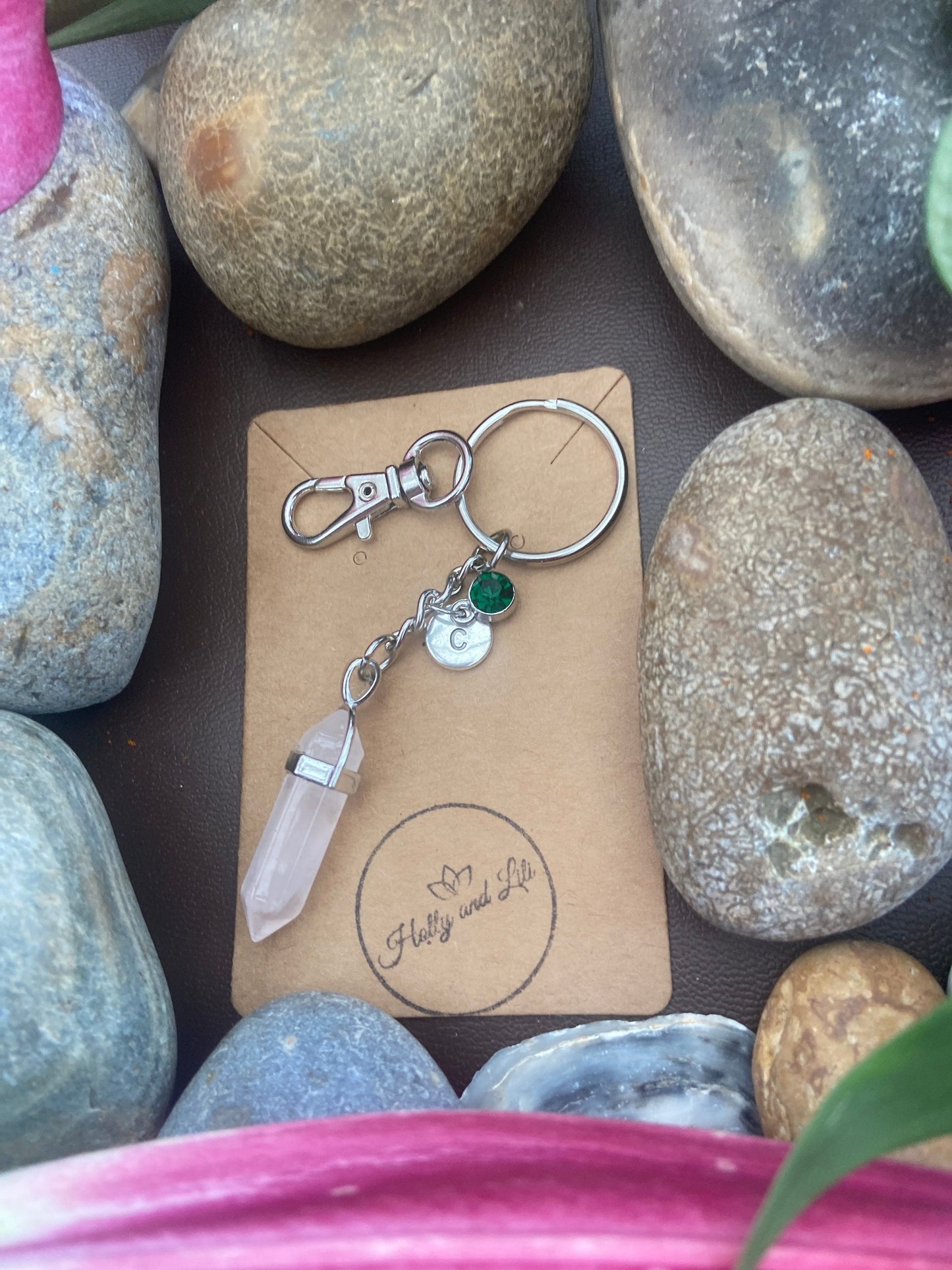 Rose Quartz Hexagon Crystal Keyring, Alphabet Initial, Rosie Quartz Gemstone, Rose Quartz Keychain, Quartz Chain, Birthstone Keyring Gifts