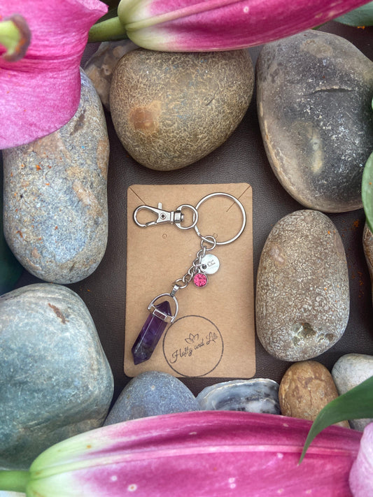 Amethyst Hexagon Crystal Keyring, Alphabet Initial, Amethyst Gemstone, Amethyst Keychain, Amethyst Chain, Birthstone Keyring Gifts, Purple