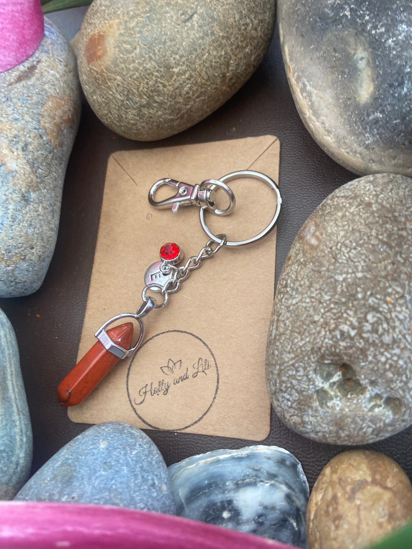 Red Jasper Hexagon Crystal Keyring, Alphabet Initial, Red Jasper Gemstone, Jasper Keychain, Jasper KeyChain, Birthstone Keyring Gifts, Gems