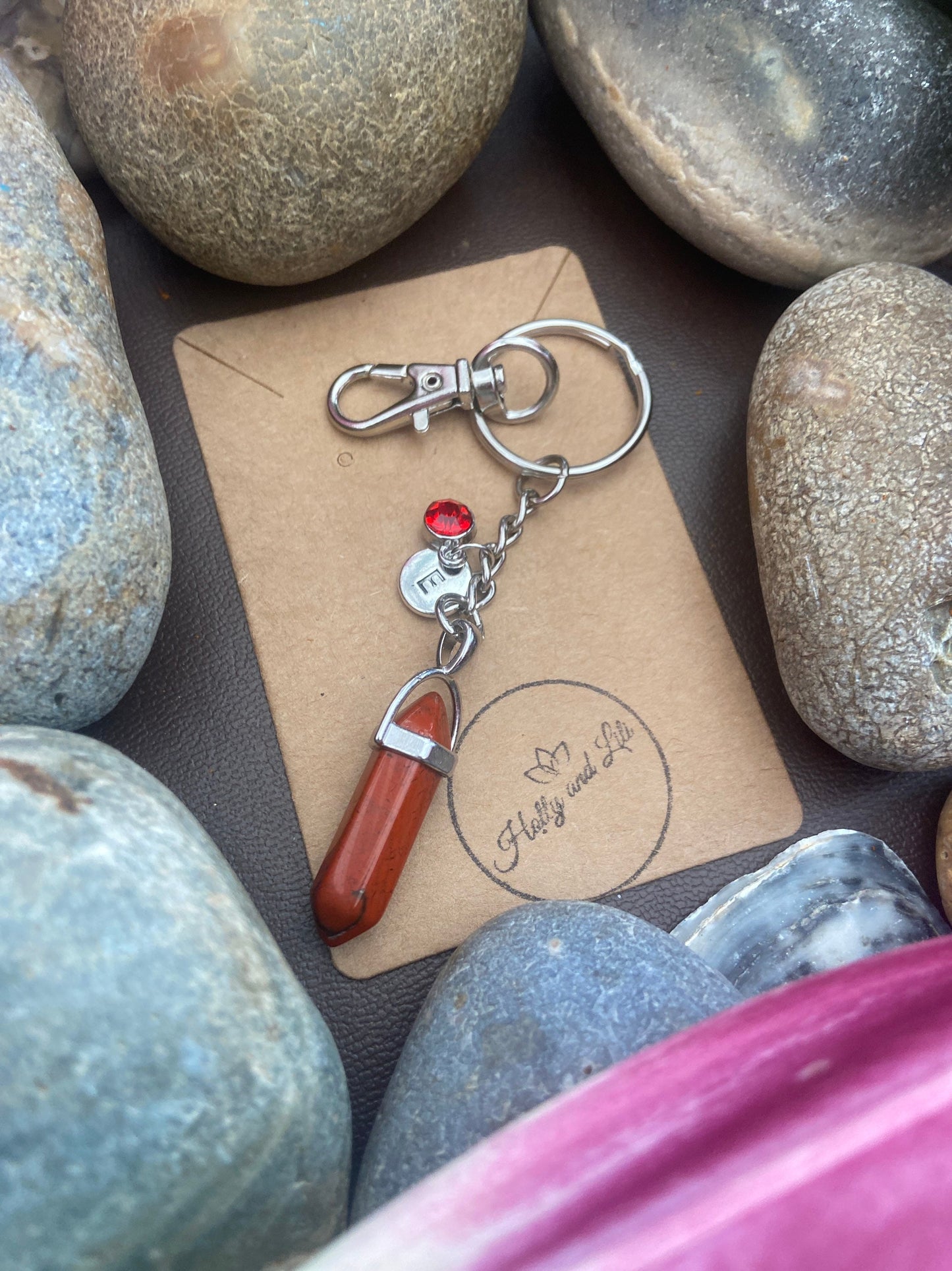 Red Jasper Hexagon Crystal Keyring, Alphabet Initial, Red Jasper Gemstone, Jasper Keychain, Jasper KeyChain, Birthstone Keyring Gifts, Gems