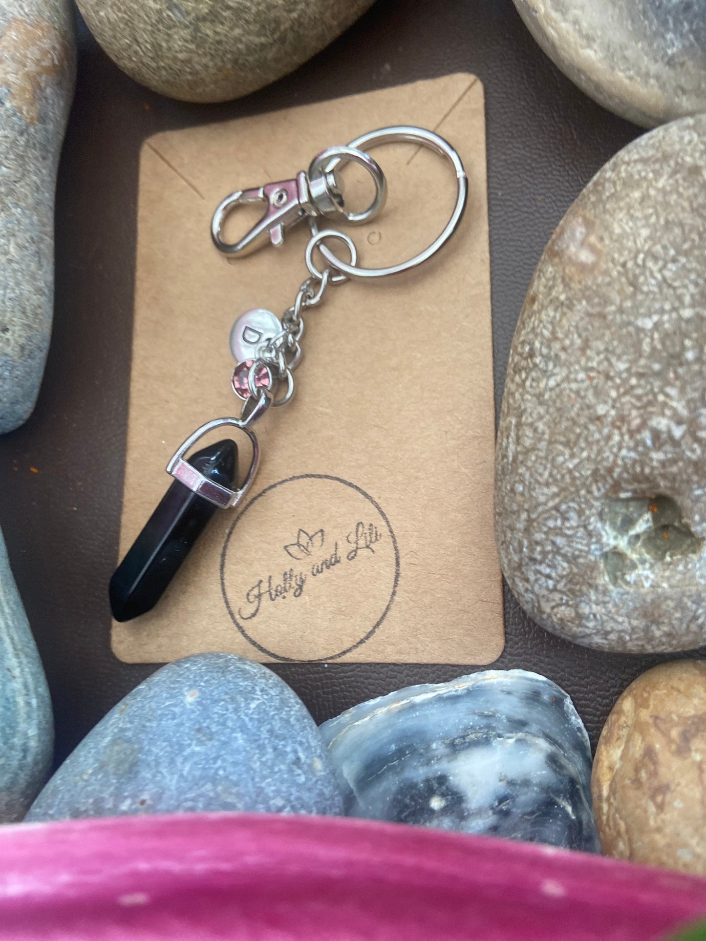 Obsidian Hexagon Crystal Keyring, Alphabet Initial, Black Obsidian Gemstone, Obsidian Keychain, Obsidian Chain, Birthstone Keyring Gifts