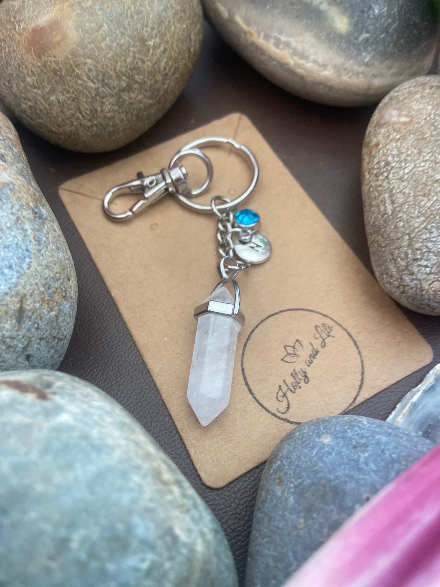 Clear Quartz Hexagon Crystal Keyring, Alphabet Initial, Clear Quartz Gemstone, Quartz Keychain, Clear Quartz Chain, Birthstone Keyring Gifts