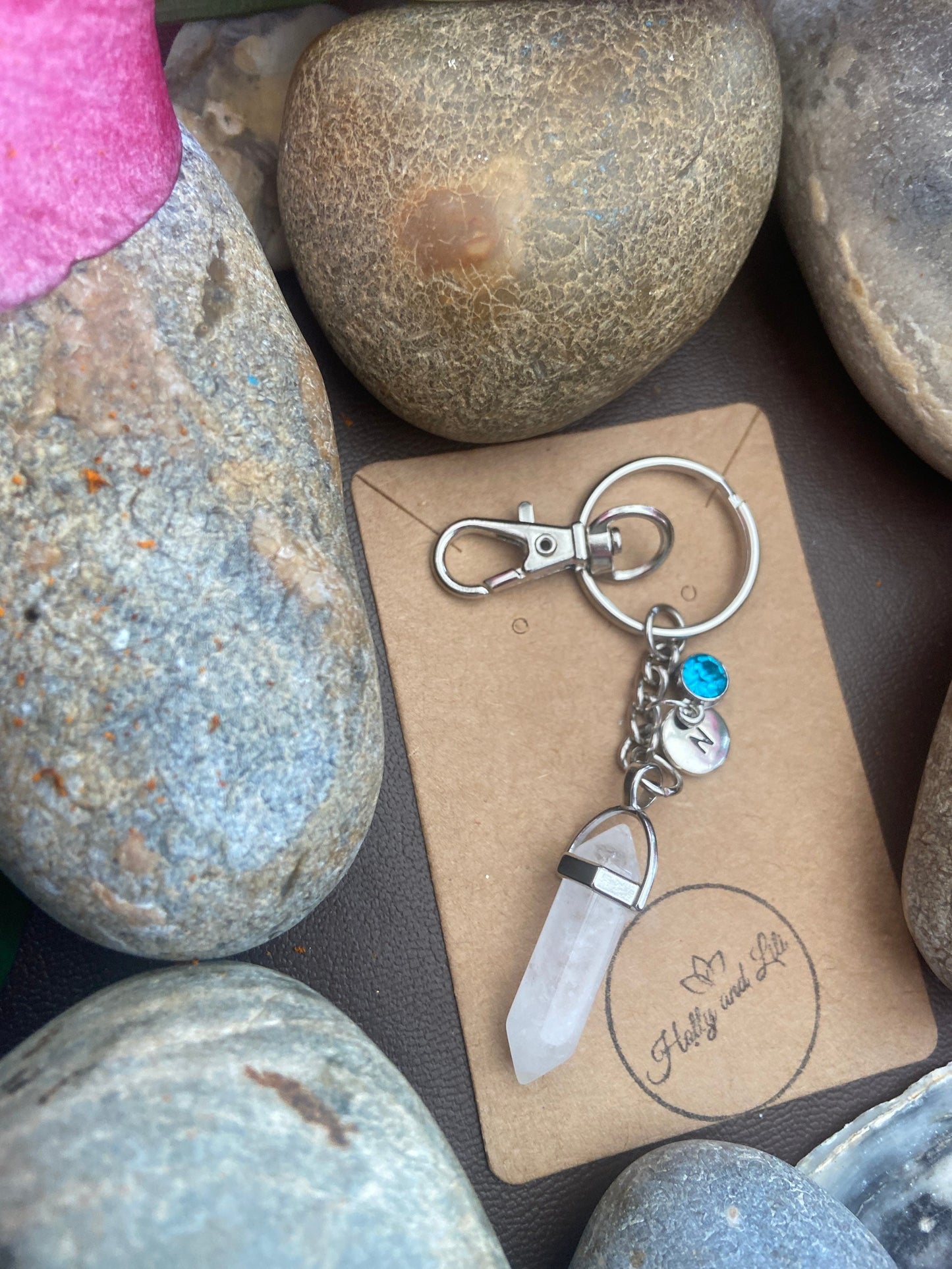 Clear Quartz Hexagon Crystal Keyring, Alphabet Initial, Clear Quartz Gemstone, Quartz Keychain, Clear Quartz Chain, Birthstone Keyring Gifts