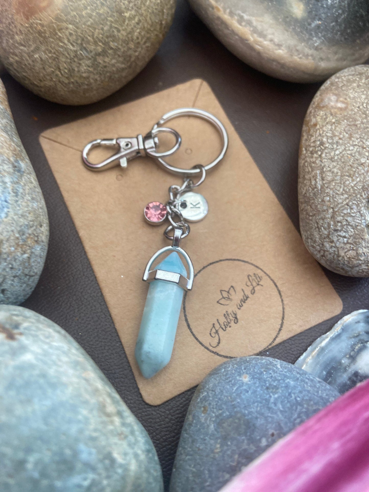 Amazonite Hexagon Crystal Keyring, Alphabet Initial, Amazonite Gemstone, Amazonite Keychain, Amazonite Chain, Birthstone Keyring Gifts