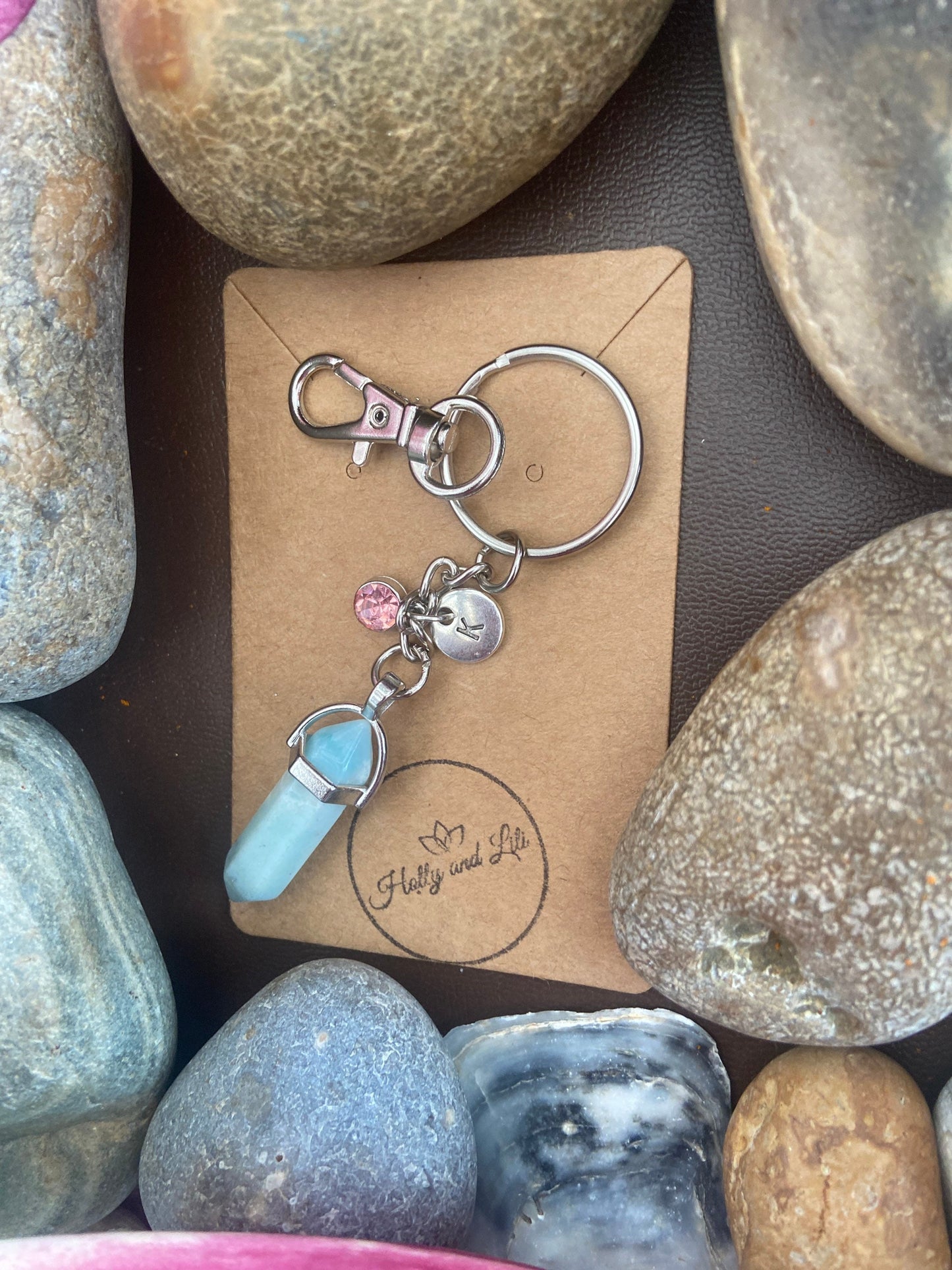 Amazonite Hexagon Crystal Keyring, Alphabet Initial, Amazonite Gemstone, Amazonite Keychain, Amazonite Chain, Birthstone Keyring Gifts