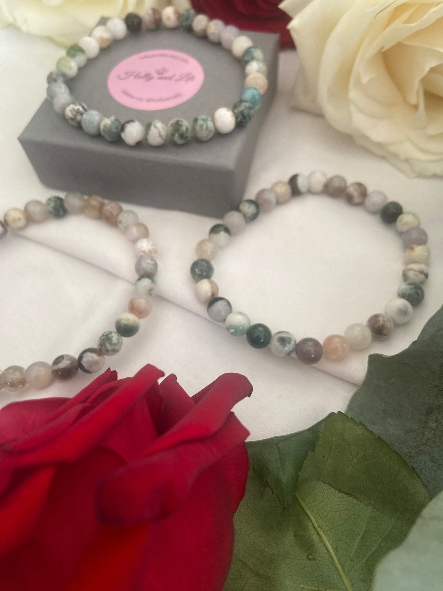 Tree Agate Crystal Gemstone Bracelet, Healing Crystal, Calms Nerves, Stress Relief, Mental Function Improved, Strength, Positive Energy