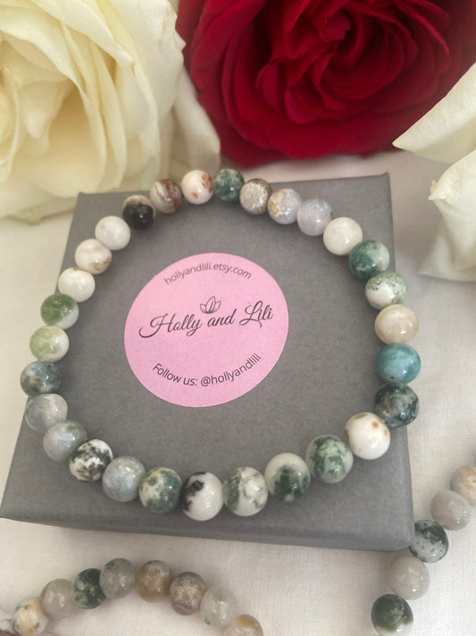 Tree Agate Crystal Gemstone Bracelet, Healing Crystal, Calms Nerves, Stress Relief, Mental Function Improved, Strength, Positive Energy