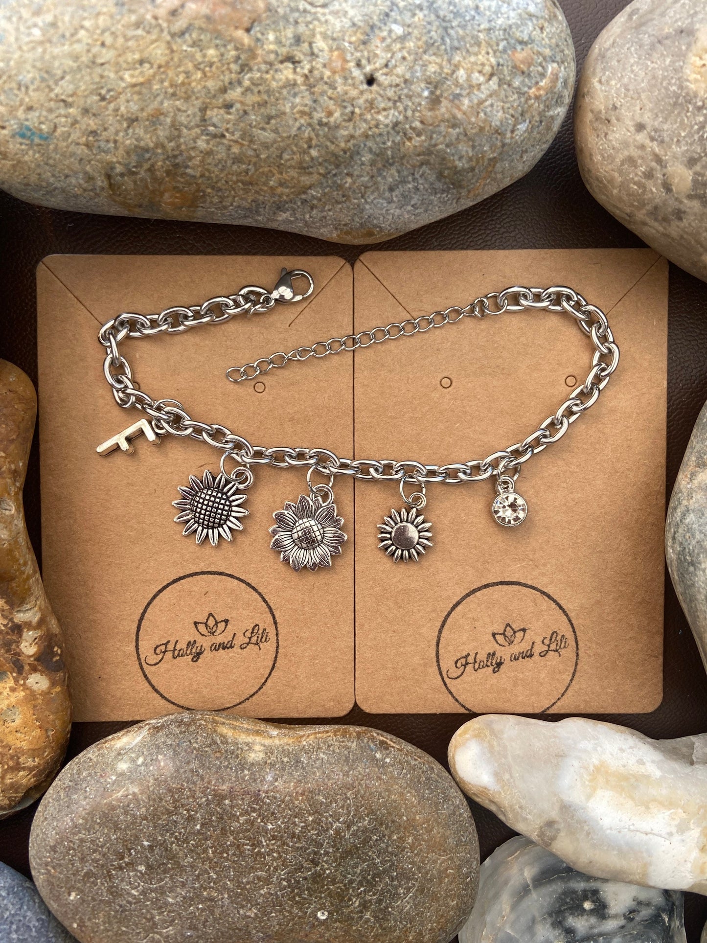 Sunflower Bracelet, Alphabet Initial Bracelet, Birthstone Bracelet, Initial Bracelet, Flower Anklet, Flowers Bracelet, Personalised Bracelet