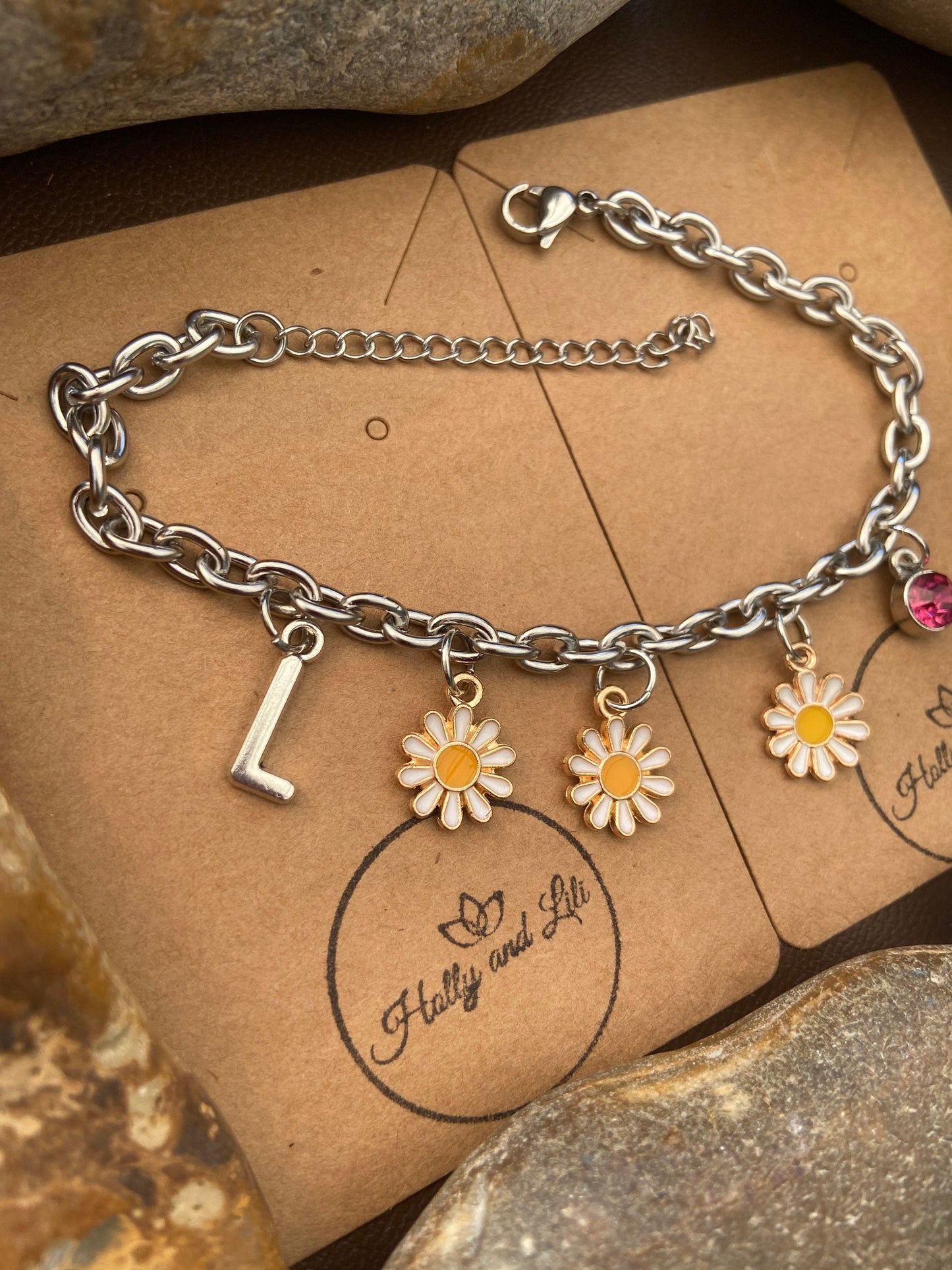 Daisy Bracelet, Alphabet Initial Bracelet, Birthstone Bracelet, Initial Bracelet, Flower Anklet, Daisies Bracelet, Personalised Bracelet